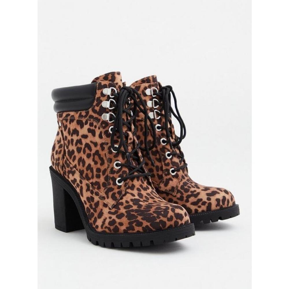 Torrid lace-up chunky hiker bootie cheatah heel boot zipper tie lace Sz 10WW